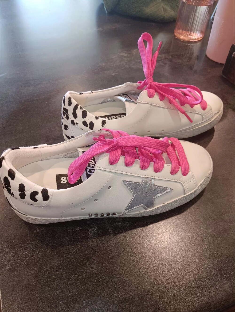 Golden Goose White Leather Sneakers with Pink Laces and Silver Star